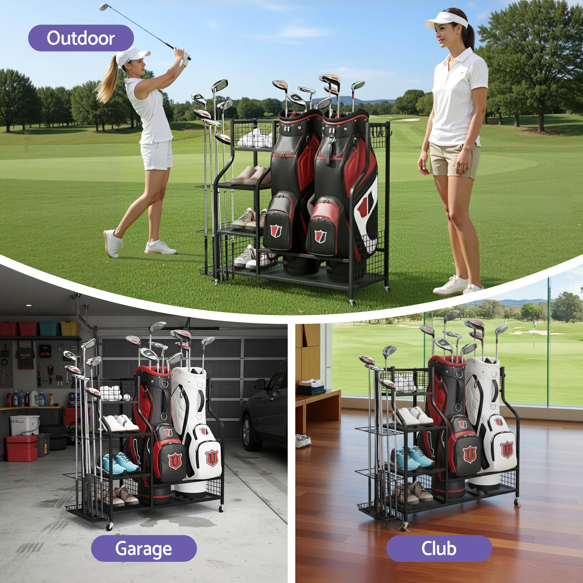 Everfit Golf Bag Storage Golf Storage Garage Organizer with Wheels Black GSR-A-2T-BL