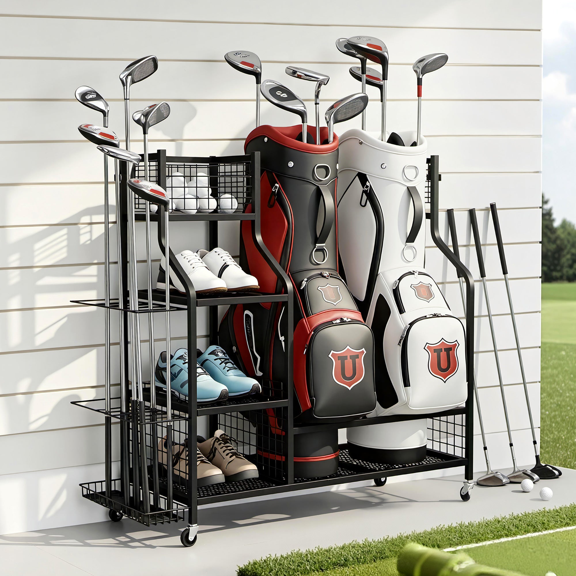Everfit Golf Bag Storage Golf Storage Garage Organizer with Wheels Black GSR-A-2T-BL