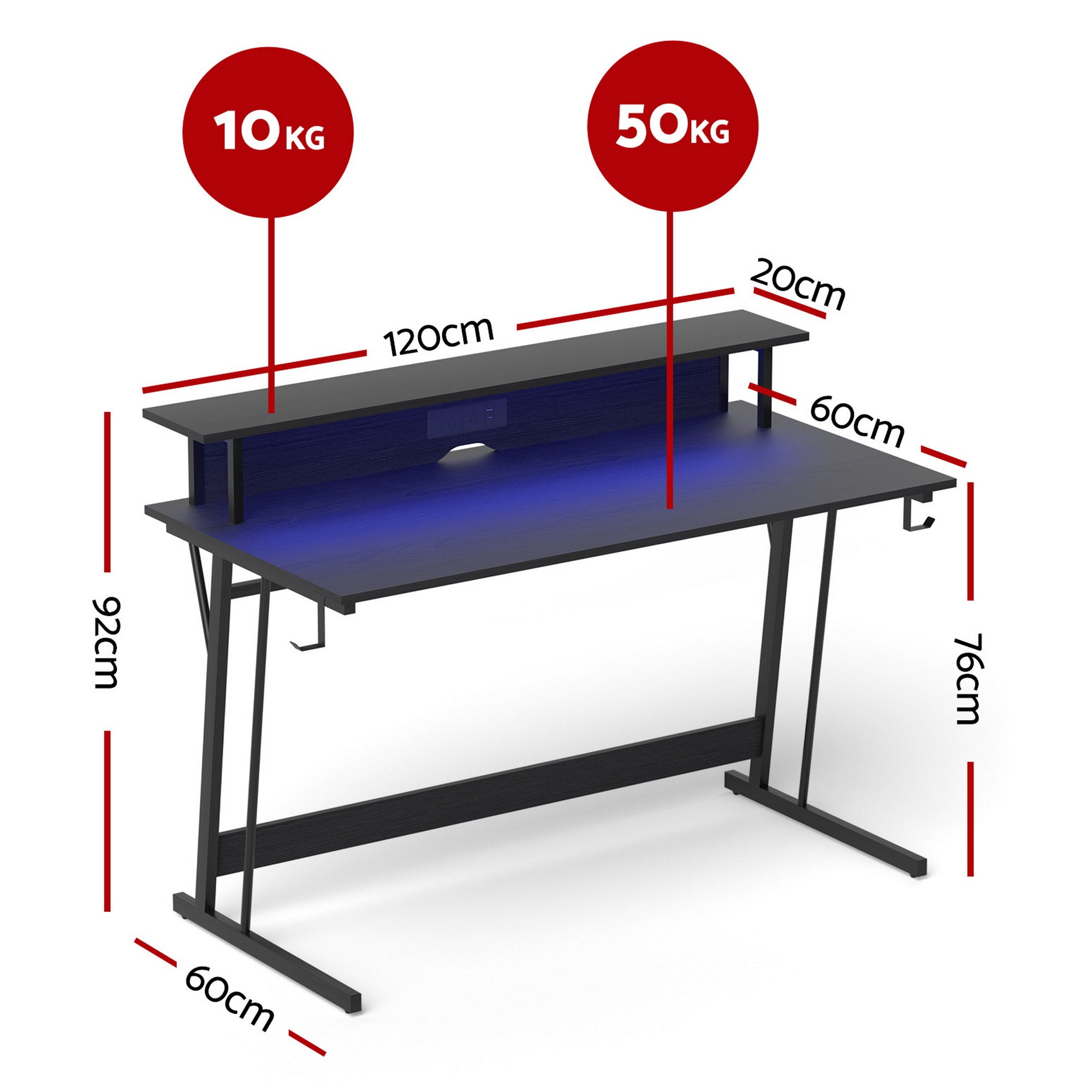 Artiss Gaming Desk with LED Lights Computer Desk Table with Monitor Shelf Power 120cm GTABLE-C-25181-BK