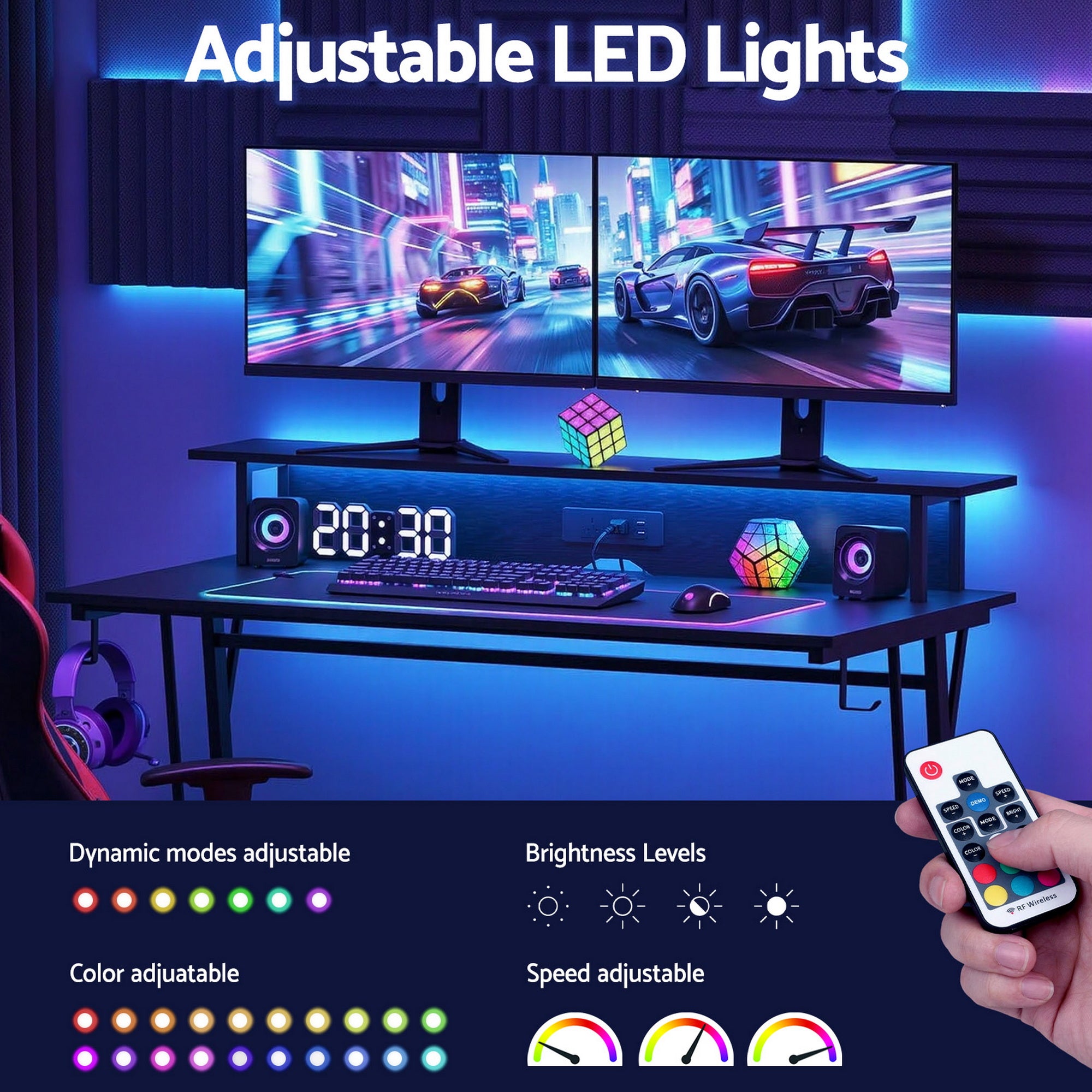 Artiss Gaming Desk with LED Lights Computer Desk Table with Monitor Shelf Power 120cm GTABLE-C-25181-BK