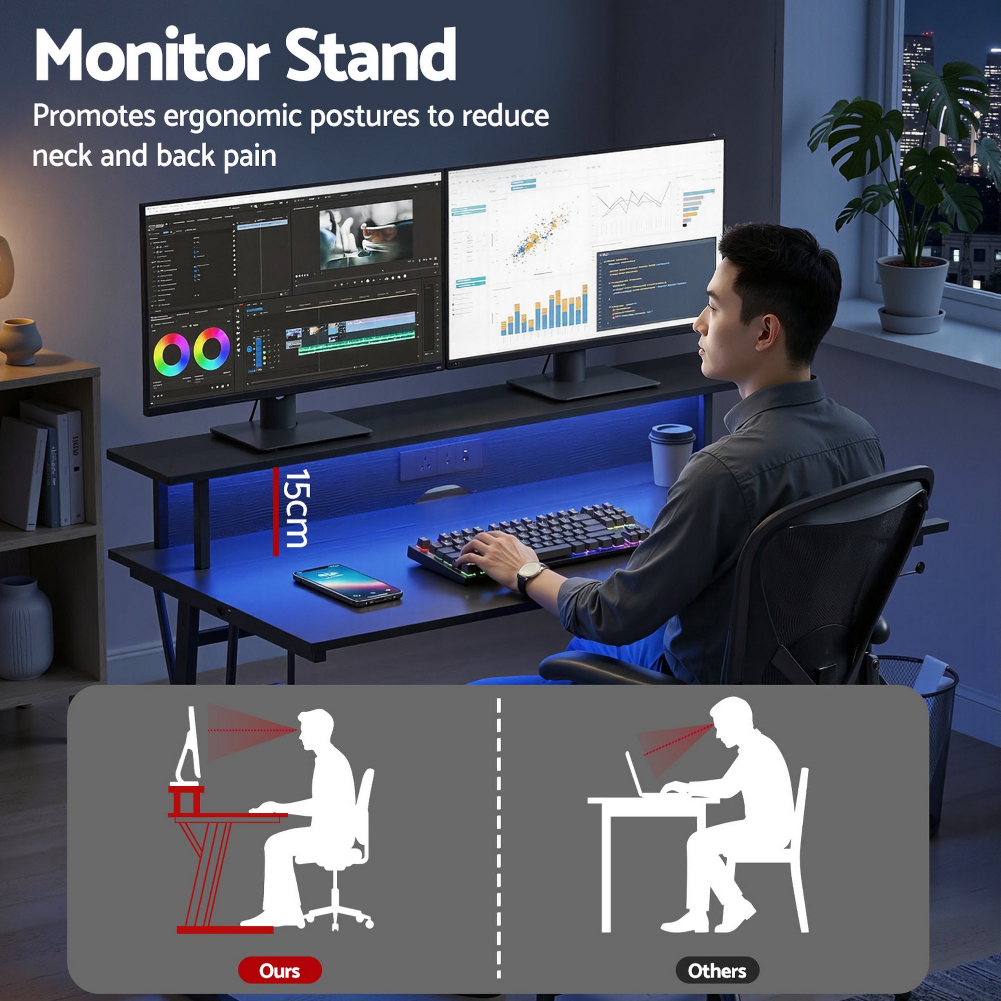 Artiss Gaming Desk with LED Lights Computer Desk Table with Monitor Shelf Power 120cm GTABLE-C-25181-BK