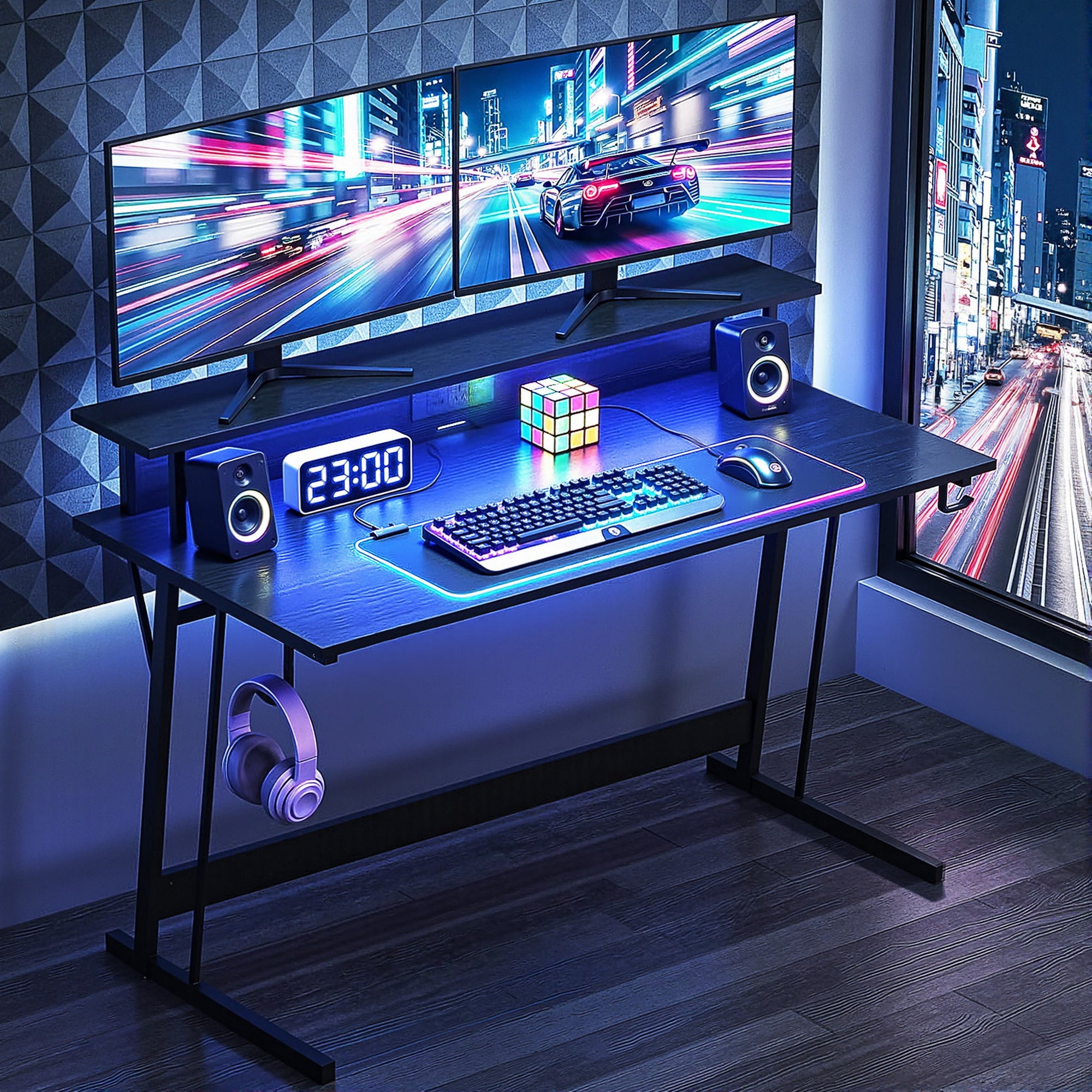 Artiss Gaming Desk with LED Lights Computer Desk Table with Monitor Shelf Power 120cm GTABLE-C-25181-BK