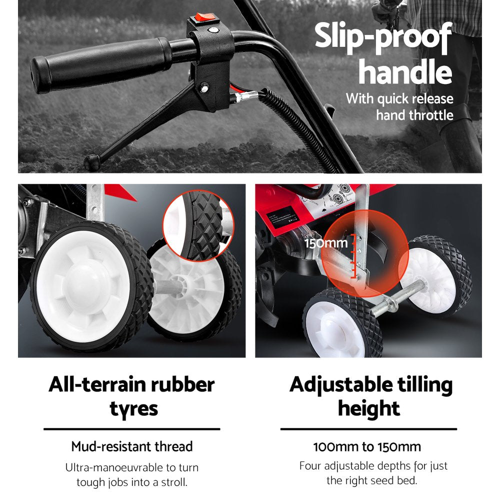 Giantz 65CC Tiller Garden Cultivator Rototiller 4 Blades Soil Plower Mini Rotary Hoe GTC-SIF-4B-OG