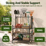 Gardeon Garden Tool Organizer Rack 16 Slots Rolling Garage Storage with Hooks