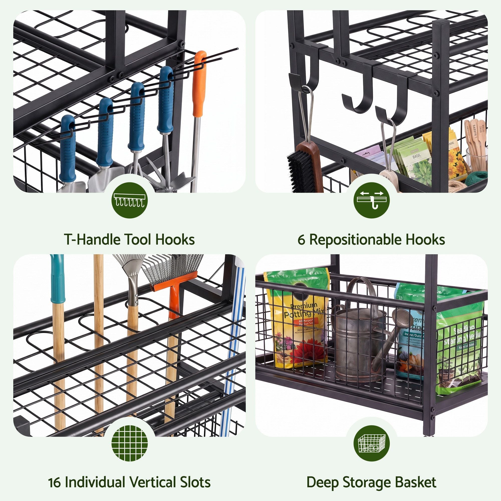 Gardeon Garden Tool Organizer Rack 16 Slots Rolling Garage Storage with Hooks
