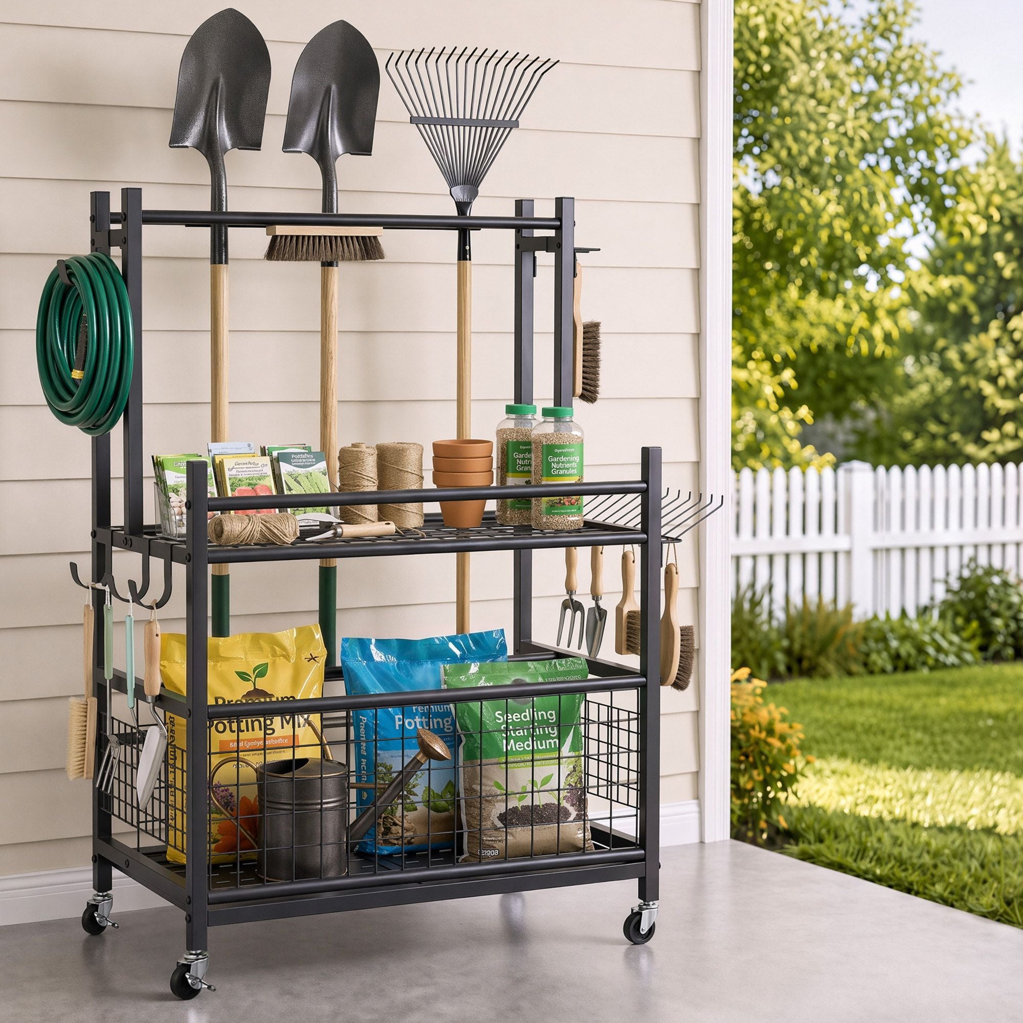 Gardeon Garden Tool Organizer Rack 16 Slots Rolling Garage Storage with Hooks
