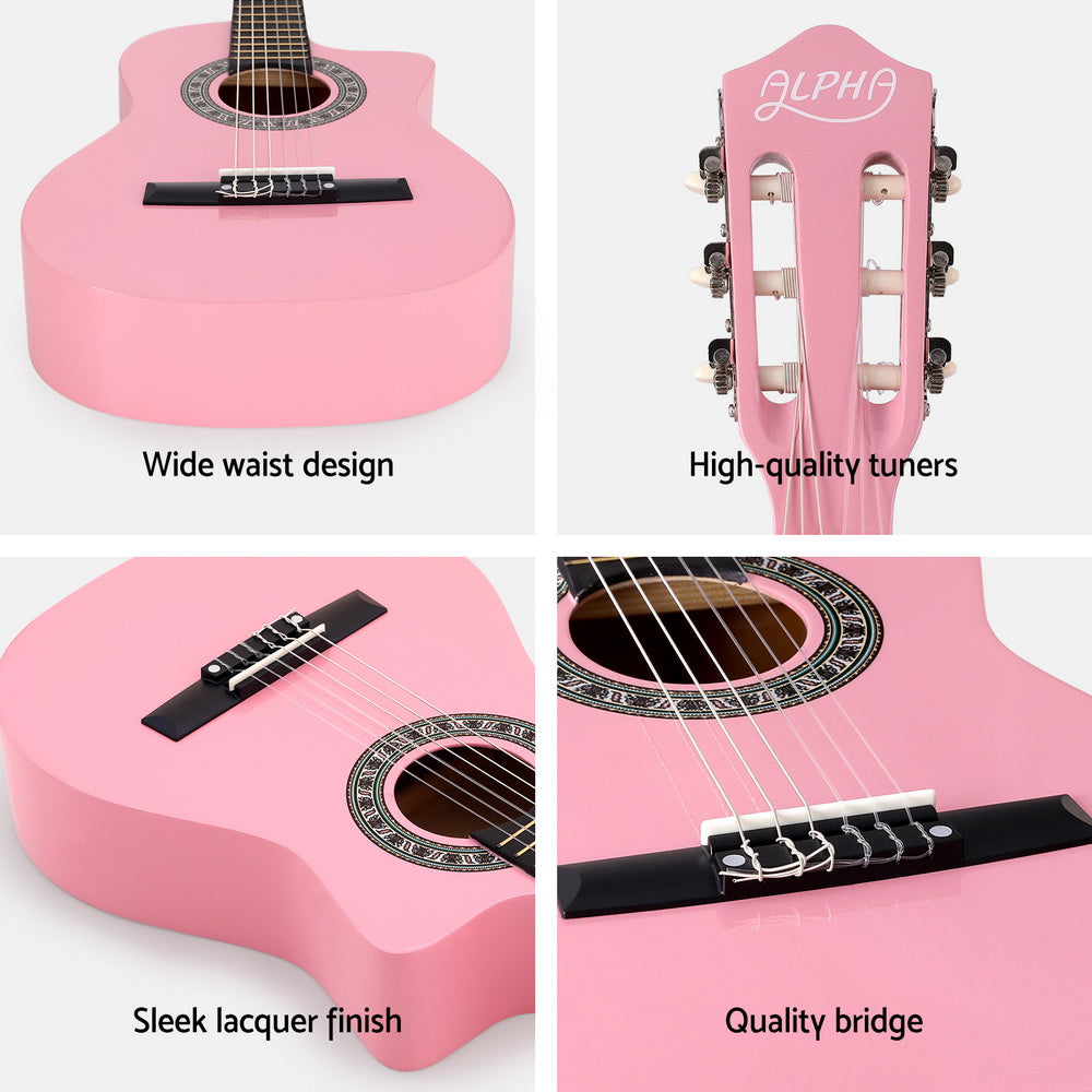 Alpha 34 Inch Classical Guitar Wooden Body Nylon String Beginner Kids Gift Pink GUITAR-D-34-PK