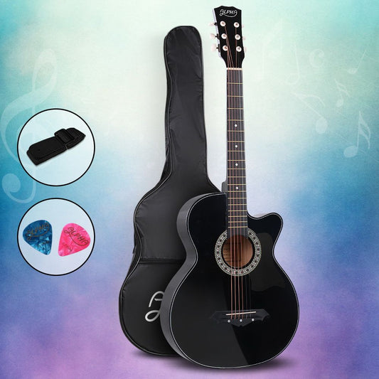 Alpha 38 Inch Acoustic Guitar Wooden Body Steel String Full Size Cutaway Black GUITAR-D-38-BK