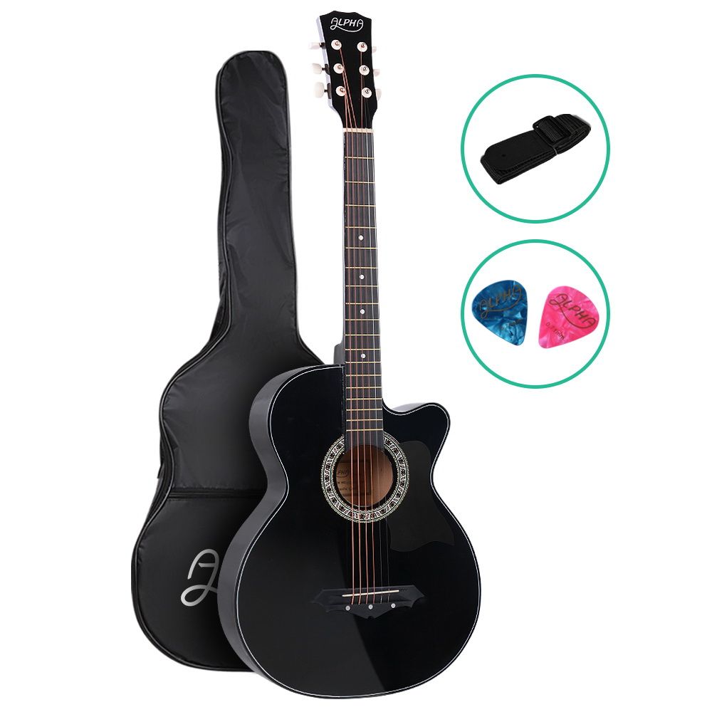 Alpha 38 Inch Acoustic Guitar Wooden Body Steel String Full Size Cutaway Black GUITAR-D-38-BK