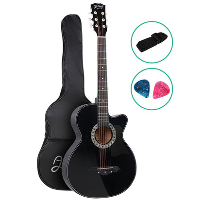 Alpha 38 Inch Acoustic Guitar Wooden Body Steel String Full Size Cutaway Black GUITAR-D-38-BK