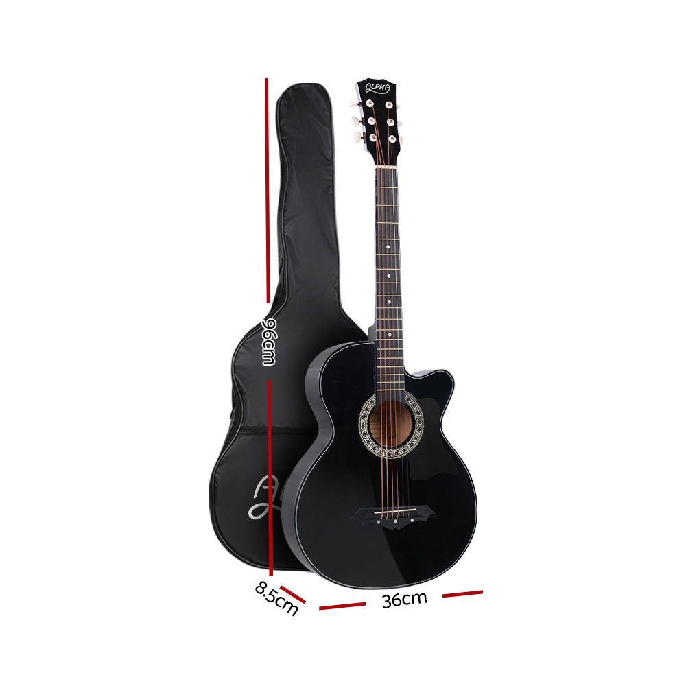 Alpha 38 Inch Acoustic Guitar Wooden Body Steel String Full Size Cutaway Black GUITAR-D-38-BK