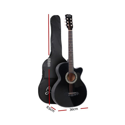 Alpha 38 Inch Acoustic Guitar Wooden Body Steel String Full Size Cutaway Black GUITAR-D-38-BK