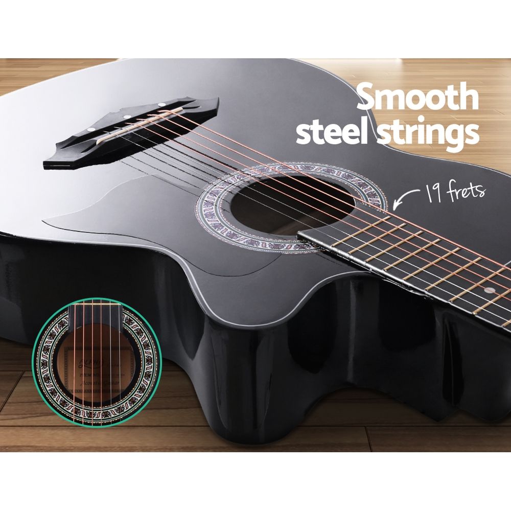 Alpha 38 Inch Acoustic Guitar Wooden Body Steel String Full Size Cutaway Black GUITAR-D-38-BK