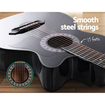 Alpha 38 Inch Acoustic Guitar Wooden Body Steel String Full Size Cutaway Black GUITAR-D-38-BK