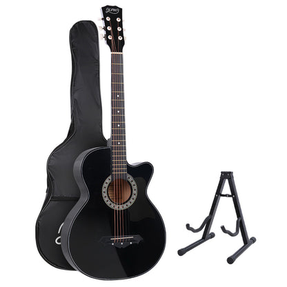 Alpha 38 Inch Acoustic Guitar Wooden Body Steel String Full Size w/ Stand Black GUITAR-D-38-BK-CAPO