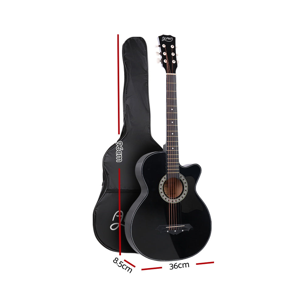 Alpha 38 Inch Acoustic Guitar Wooden Body Steel String Full Size w/ Stand Black GUITAR-D-38-BK-CAPO