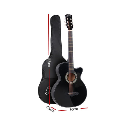 Alpha 38 Inch Acoustic Guitar Wooden Body Steel String Full Size w/ Stand Black GUITAR-D-38-BK-CAPO