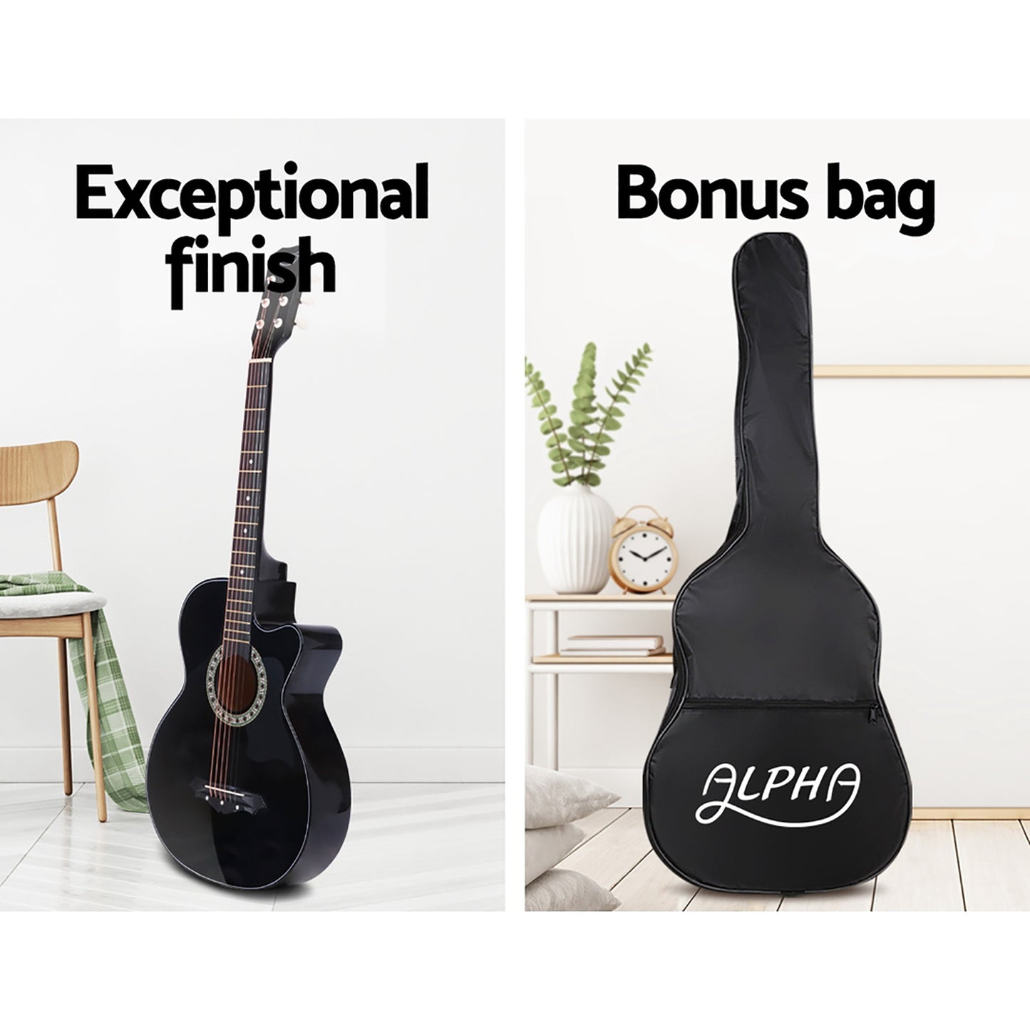 Alpha 38 Inch Acoustic Guitar Wooden Body Steel String Full Size w/ Stand Black GUITAR-D-38-BK-CAPO