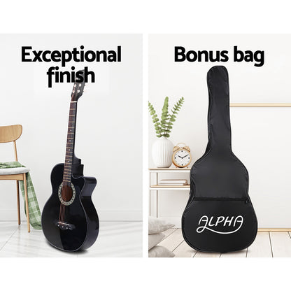 Alpha 38 Inch Acoustic Guitar Wooden Body Steel String Full Size w/ Stand Black GUITAR-D-38-BK-CAPO