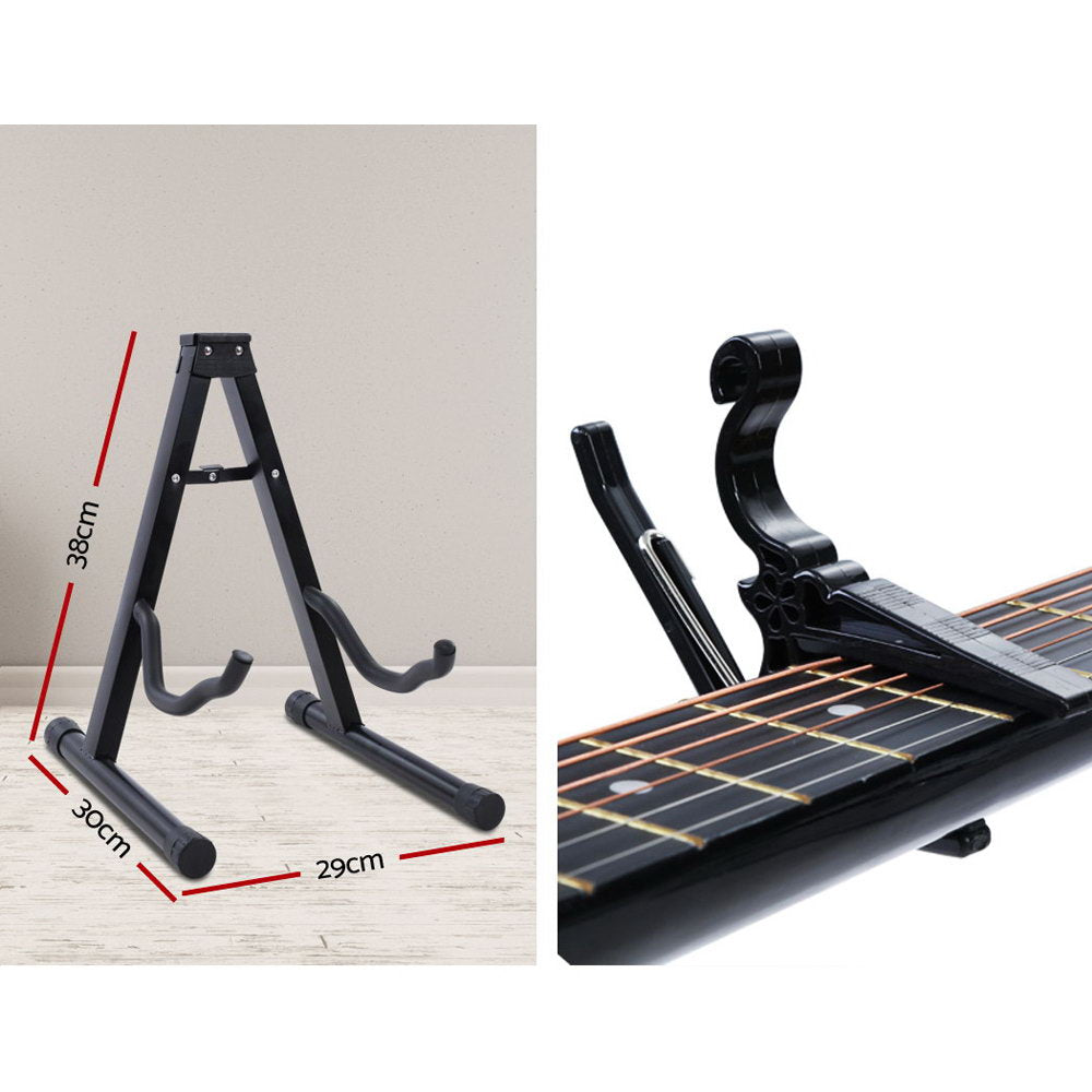 Alpha 38 Inch Acoustic Guitar Wooden Body Steel String Full Size w/ Stand Black GUITAR-D-38-BK-CAPO