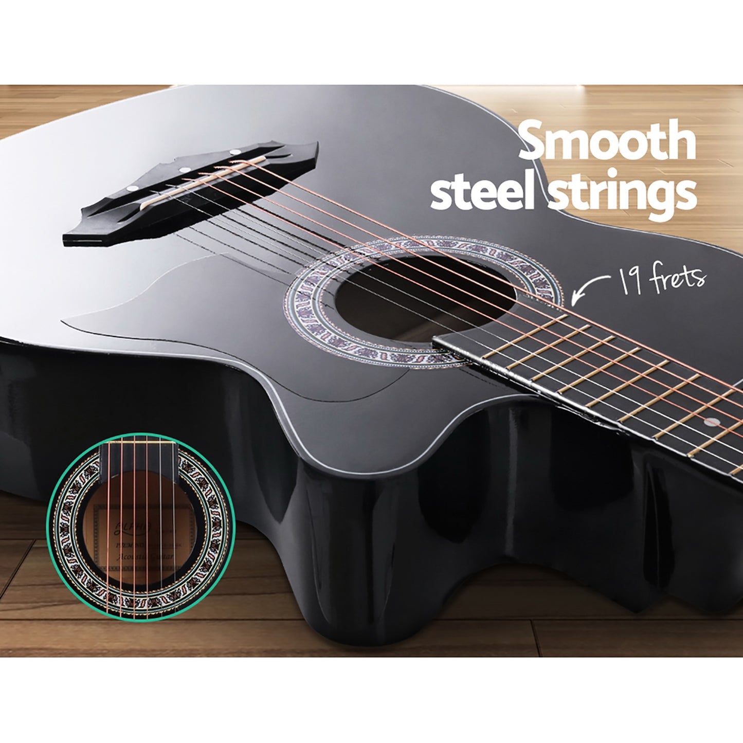 Alpha 38 Inch Acoustic Guitar Wooden Body Steel String Full Size w/ Stand Black GUITAR-D-38-BK-CAPO