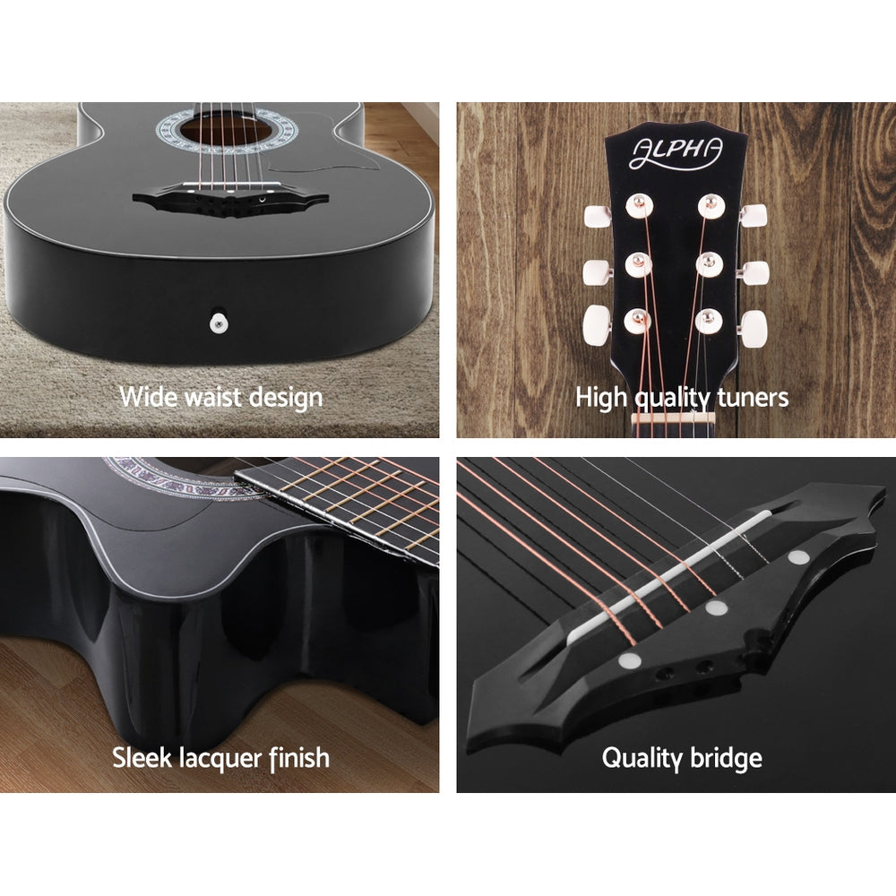 Alpha 38 Inch Acoustic Guitar Wooden Body Steel String Full Size w/ Stand Black GUITAR-D-38-BK-CAPO