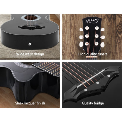Alpha 38 Inch Acoustic Guitar Wooden Body Steel String Full Size w/ Stand Black GUITAR-D-38-BK-CAPO