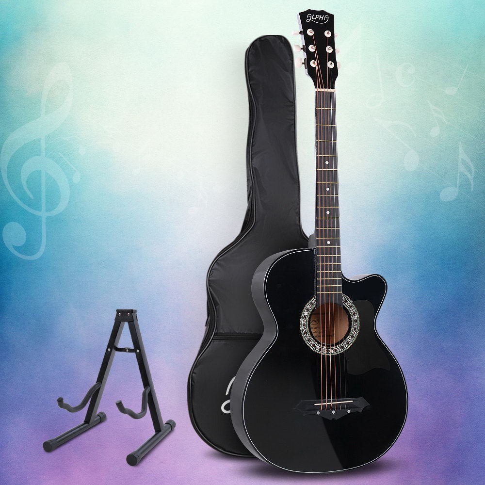 Alpha 38 Inch Acoustic Guitar Wooden Body Steel String Full Size w/ Stand Black GUITAR-D-38-BK-CAPO