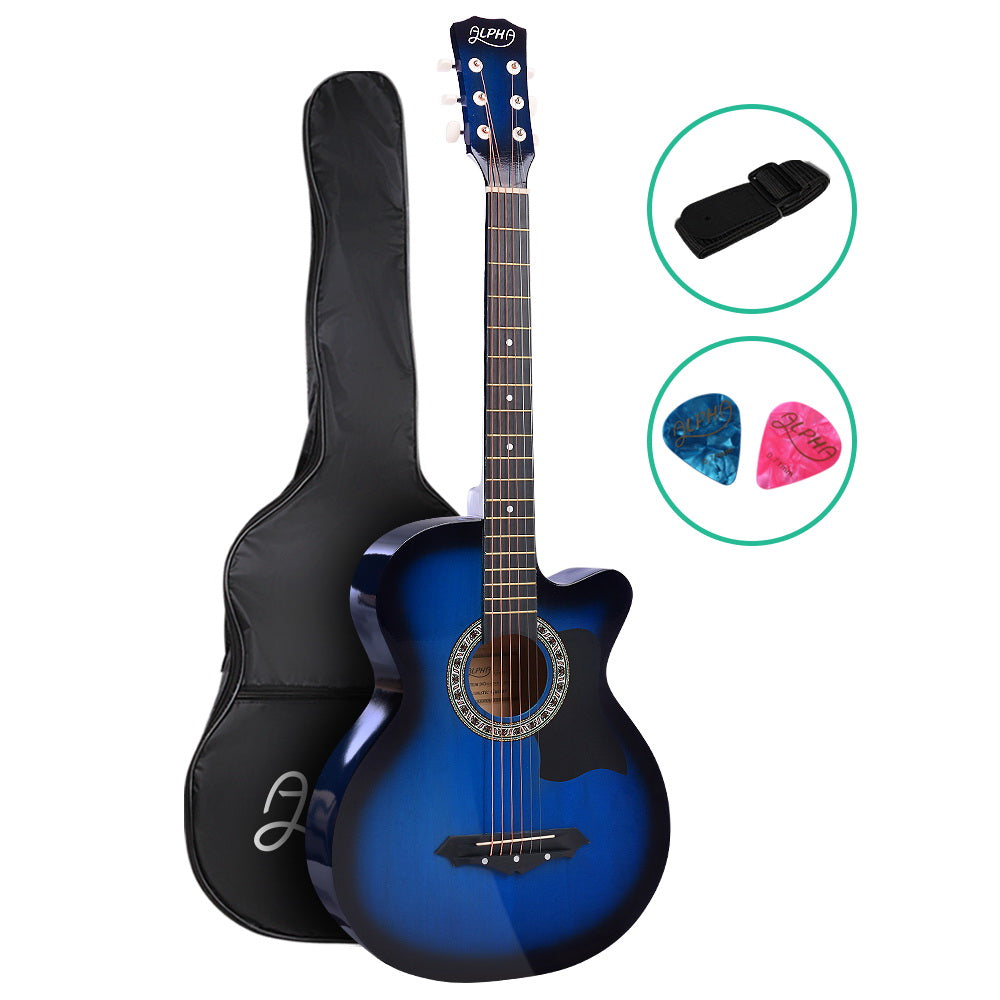 Alpha 38 Inch Acoustic Guitar Wooden Body Steel String Cutaway Blue GUITAR-D-38-BLS