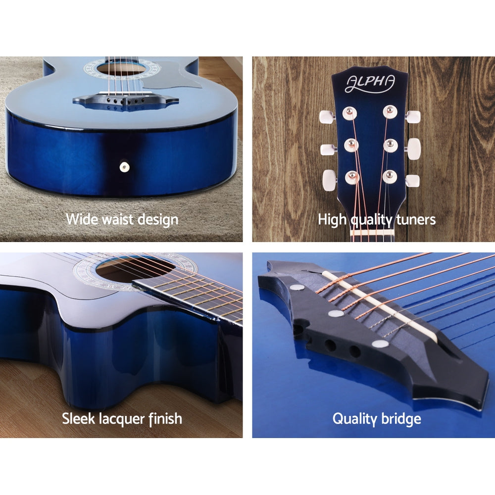 Alpha 38 Inch Acoustic Guitar Wooden Body Steel String Cutaway Blue GUITAR-D-38-BLS