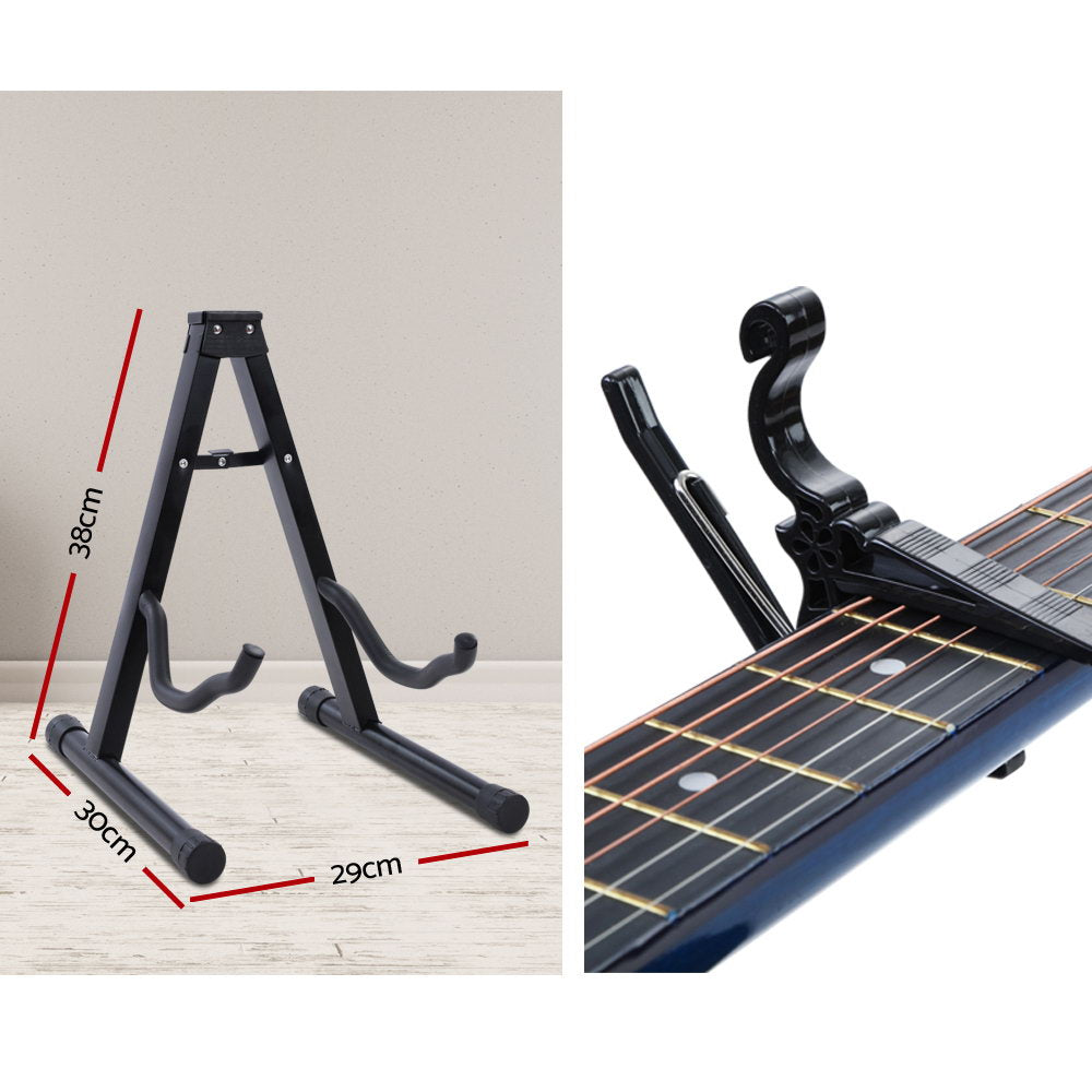 Alpha 38 Inch Acoustic Guitar Wooden Body Steel String Full Size w/ Stand Blue GUITAR-D-38-BLS-CAPO