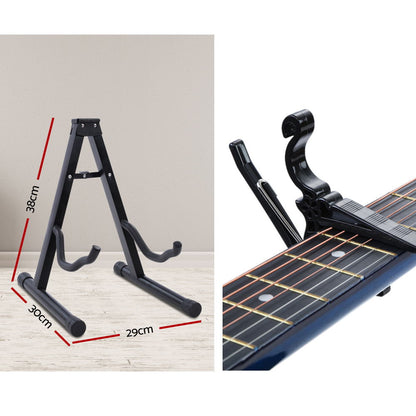 Alpha 38 Inch Acoustic Guitar Wooden Body Steel String Full Size w/ Stand Blue GUITAR-D-38-BLS-CAPO