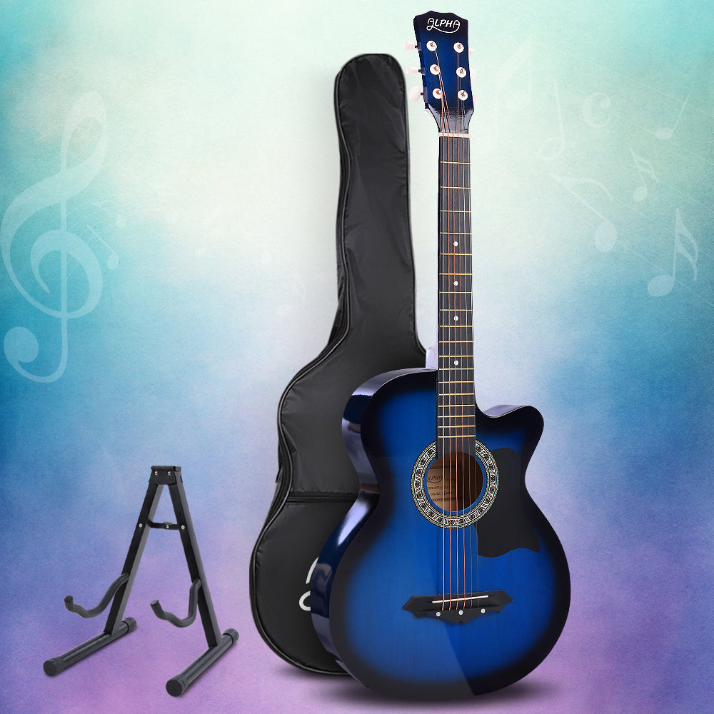 Alpha 38 Inch Acoustic Guitar Wooden Body Steel String Full Size w/ Stand Blue GUITAR-D-38-BLS-CAPO