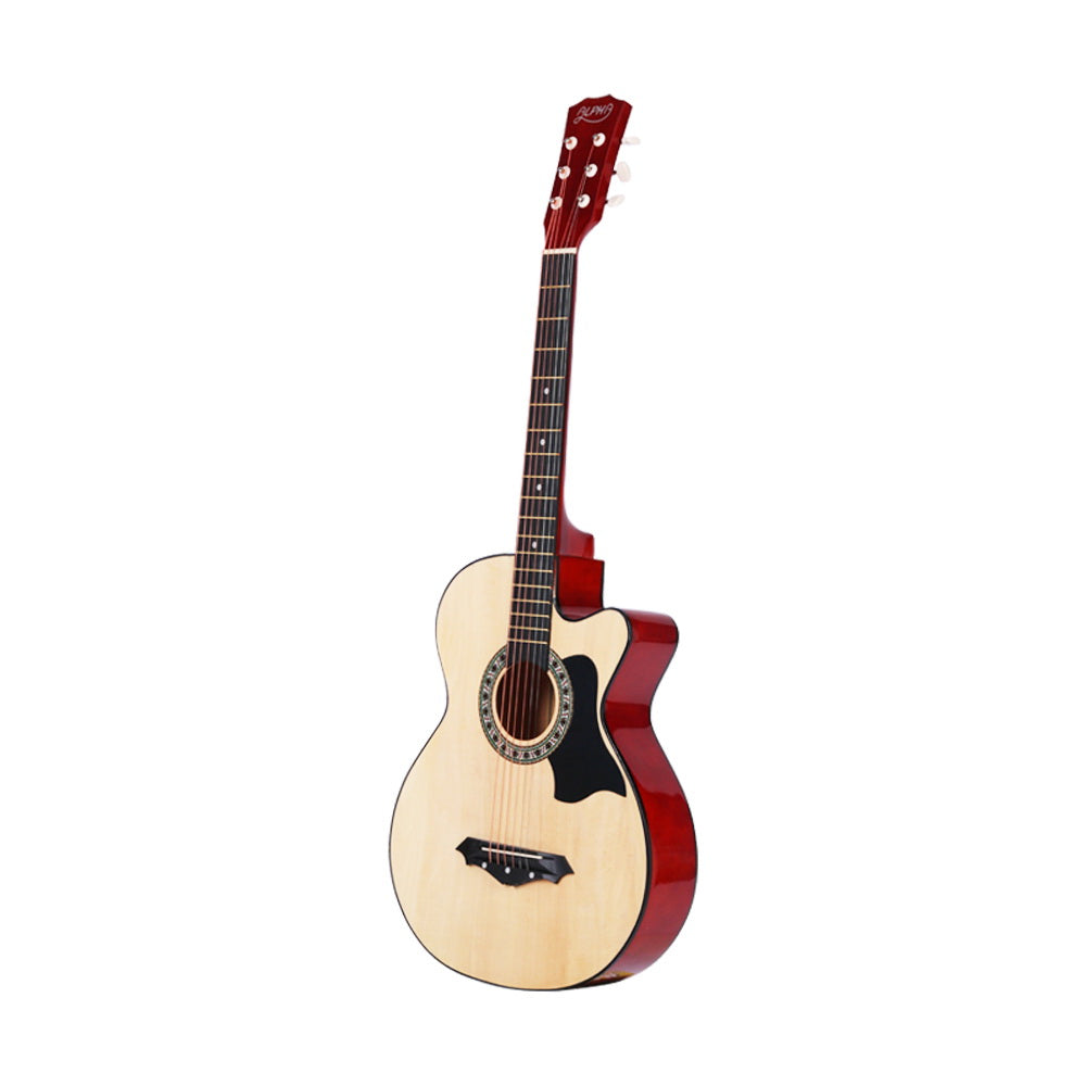 Alpha 38 Inch Acoustic Guitar Wooden Body Steel String Full Size w/ Stand Wood GUITAR-D-38-NAT-CAPO