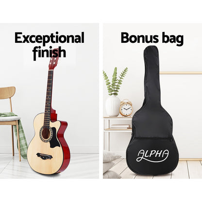 Alpha 38 Inch Acoustic Guitar Wooden Body Steel String Full Size w/ Stand Wood GUITAR-D-38-NAT-CAPO