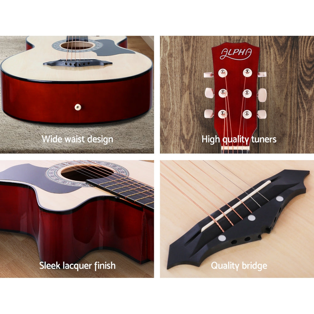 Alpha 38 Inch Acoustic Guitar Wooden Body Steel String Full Size w/ Stand Wood GUITAR-D-38-NAT-CAPO