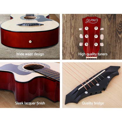 Alpha 38 Inch Acoustic Guitar Wooden Body Steel String Full Size w/ Stand Wood GUITAR-D-38-NAT-CAPO