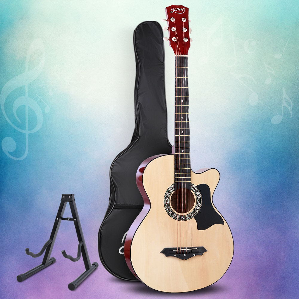 Alpha 38 Inch Acoustic Guitar Wooden Body Steel String Full Size w/ Stand Wood GUITAR-D-38-NAT-CAPO