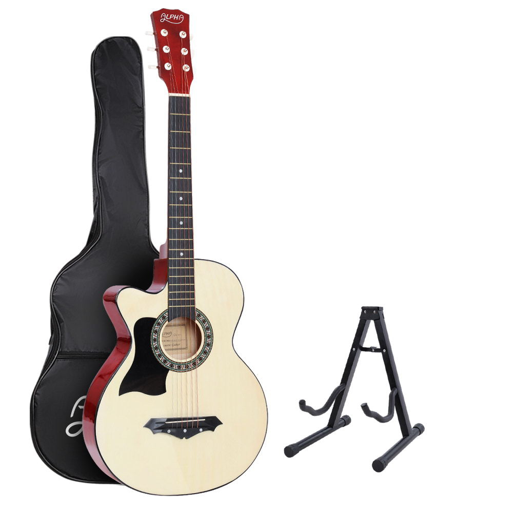 Alpha 38 Inch Acoustic Guitar Wooden Body Steel String w/ Stand Left Handed GUITAR-D-38-NAT-LF-CAPO