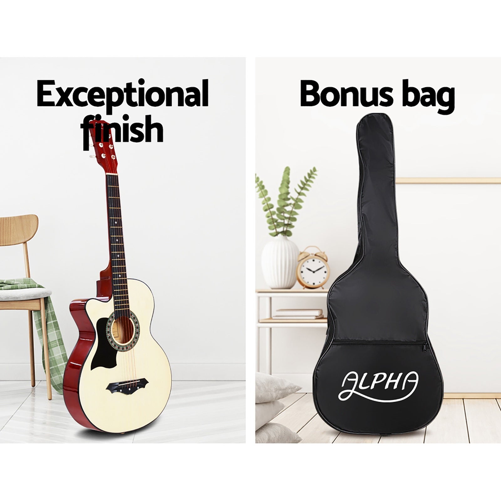 Alpha 38 Inch Acoustic Guitar Wooden Body Steel String w/ Stand Left Handed GUITAR-D-38-NAT-LF-CAPO