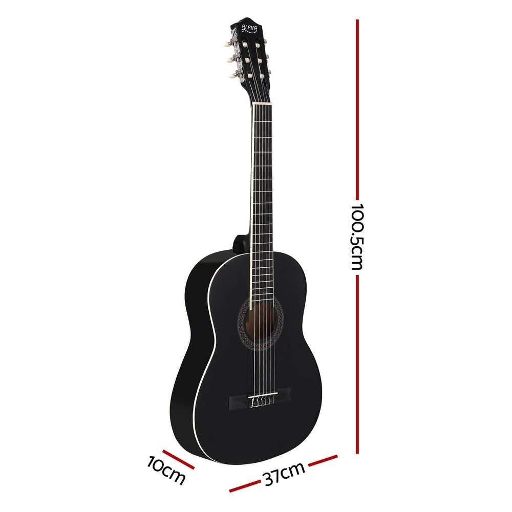 Alpha 39 Inch Classical Guitar Wooden Body Nylon String Beginner Gift Black GUITAR-D-39-BK