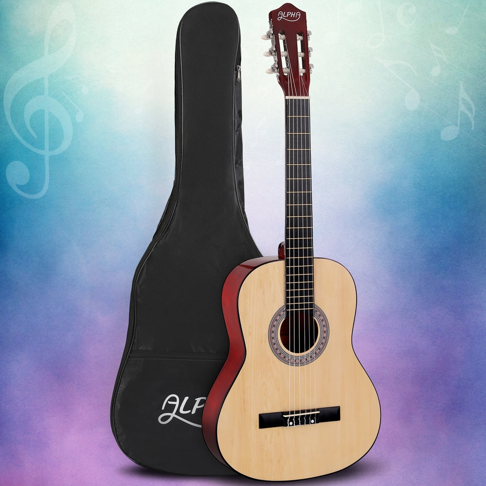 Alpha 39 Inch Classical Guitar Wooden Body Nylon String Beginner Gift Natural GUITAR-D-39-NAT
