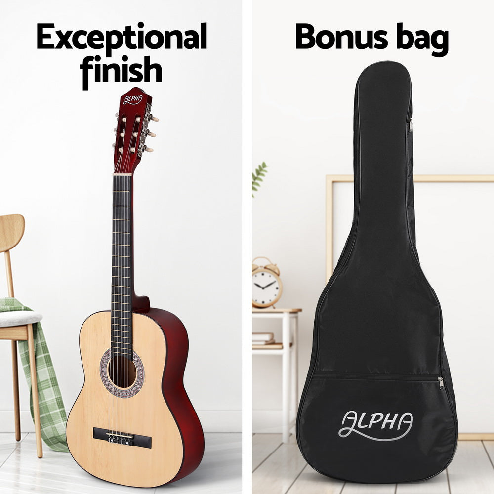 Alpha 39 Inch Classical Guitar Wooden Body Nylon String Beginner Gift Natural GUITAR-D-39-NAT