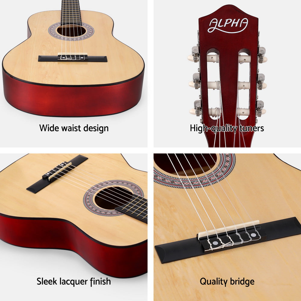 Alpha 39 Inch Classical Guitar Wooden Body Nylon String Beginner Gift Natural GUITAR-D-39-NAT