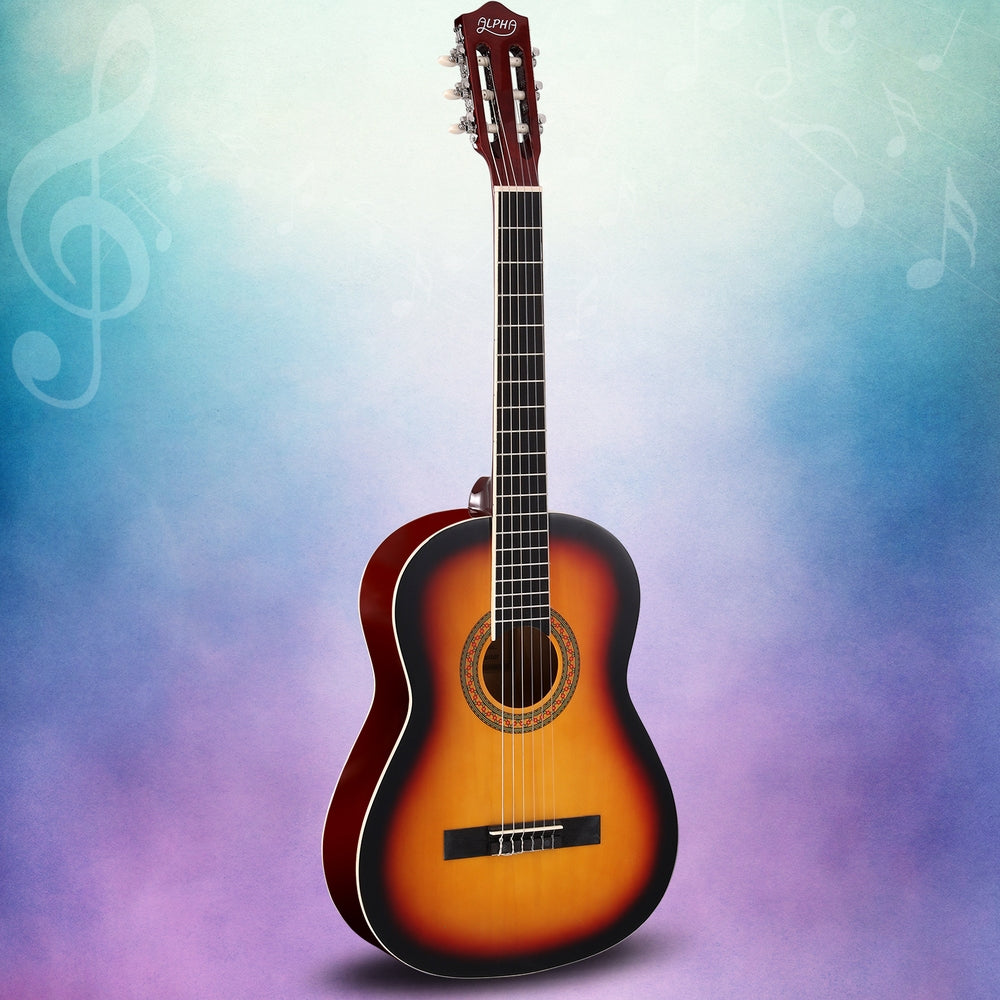Alpha 39 Inch Classical Guitar Wooden Body Nylon String Beginner Gift Sunburst GUITAR-D-39-YE
