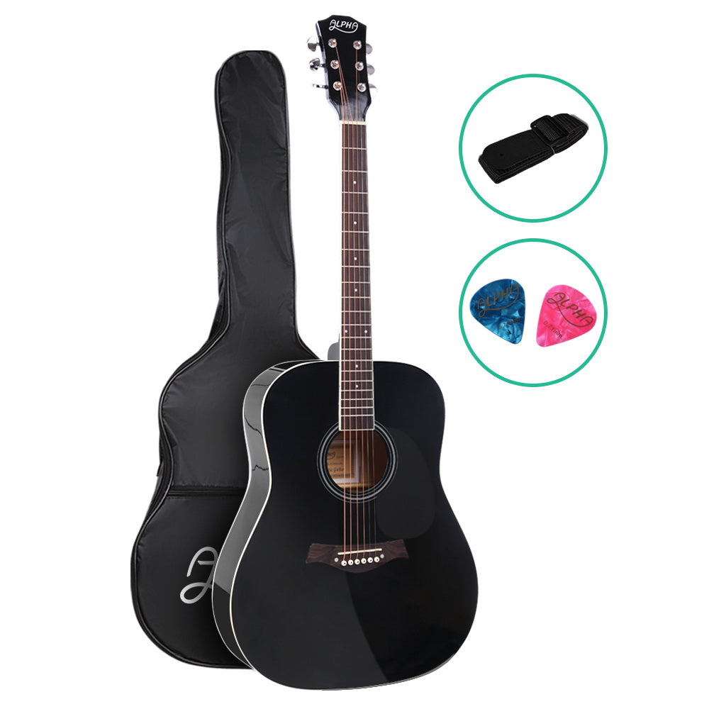 Alpha 41 Inch Acoustic Guitar Wooden Body Steel String Dreadnought Black GUITAR-D-41-BK