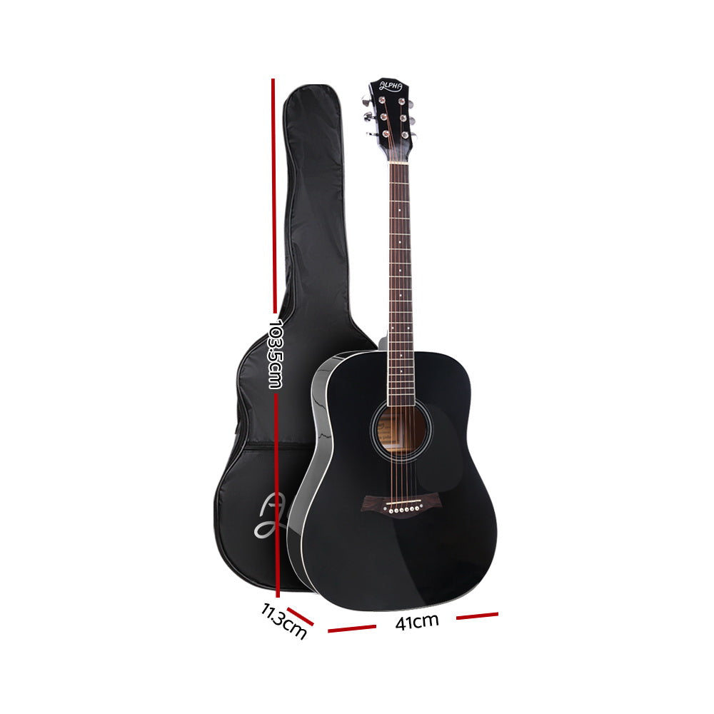 Alpha 41 Inch Acoustic Guitar Wooden Body Steel String Dreadnought Stand Black GUITAR-D-41-BK-CAPO