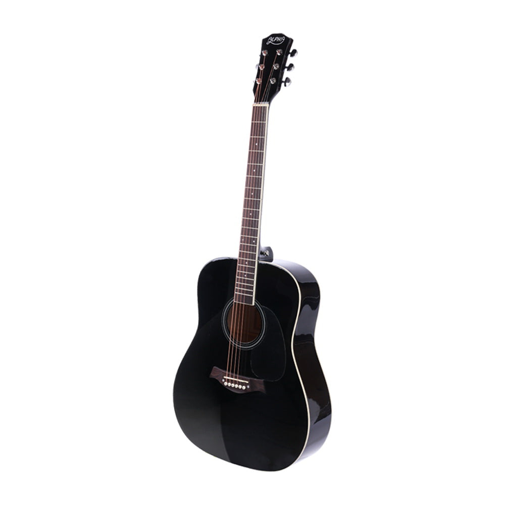 Alpha 41 Inch Acoustic Guitar Wooden Body Steel String Dreadnought Stand Black GUITAR-D-41-BK-CAPO