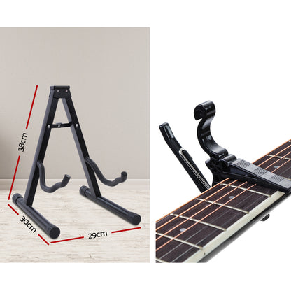 Alpha 41 Inch Acoustic Guitar Wooden Body Steel String Dreadnought Stand Black GUITAR-D-41-BK-CAPO