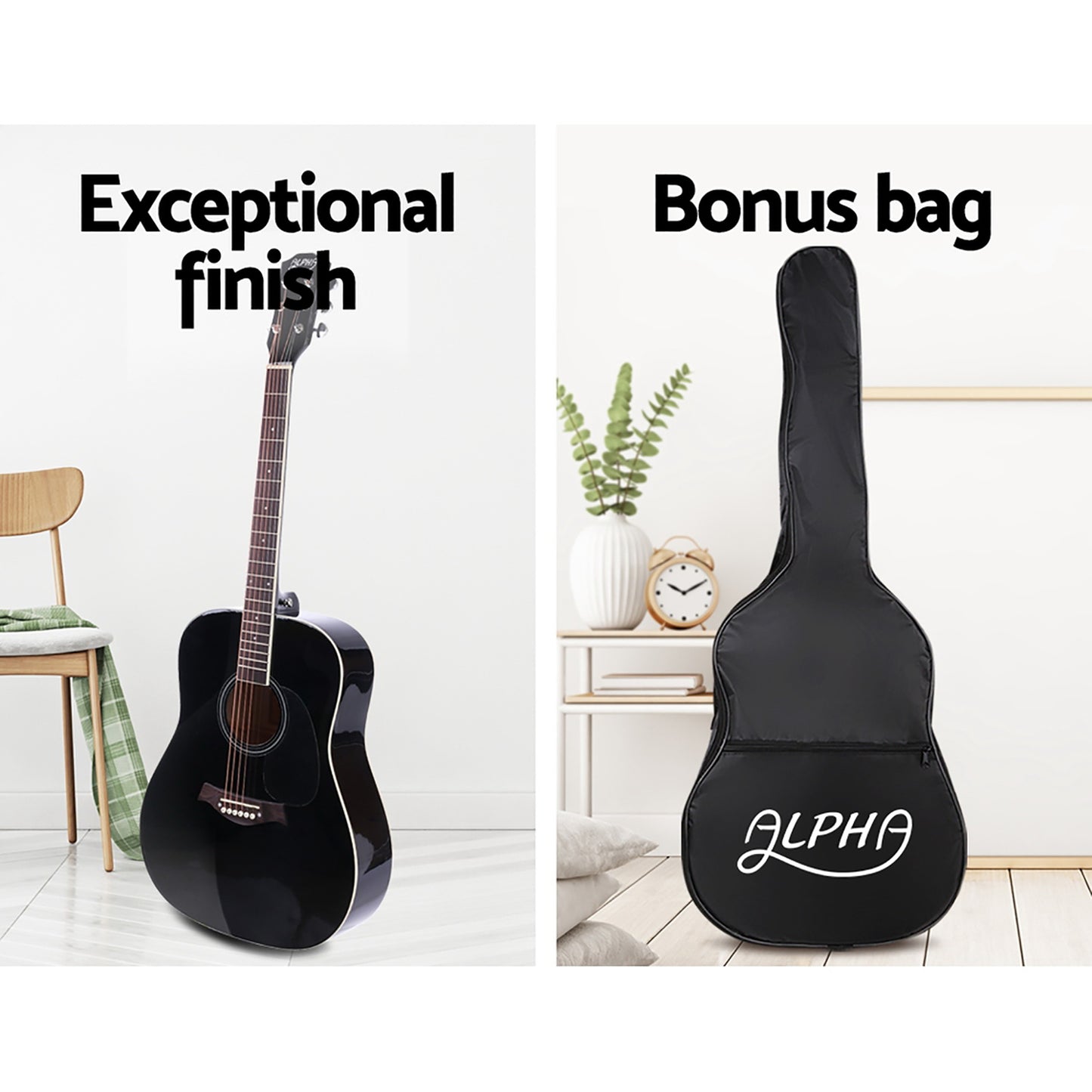 Alpha 41 Inch Acoustic Guitar Wooden Body Steel String Dreadnought Stand Black GUITAR-D-41-BK-CAPO